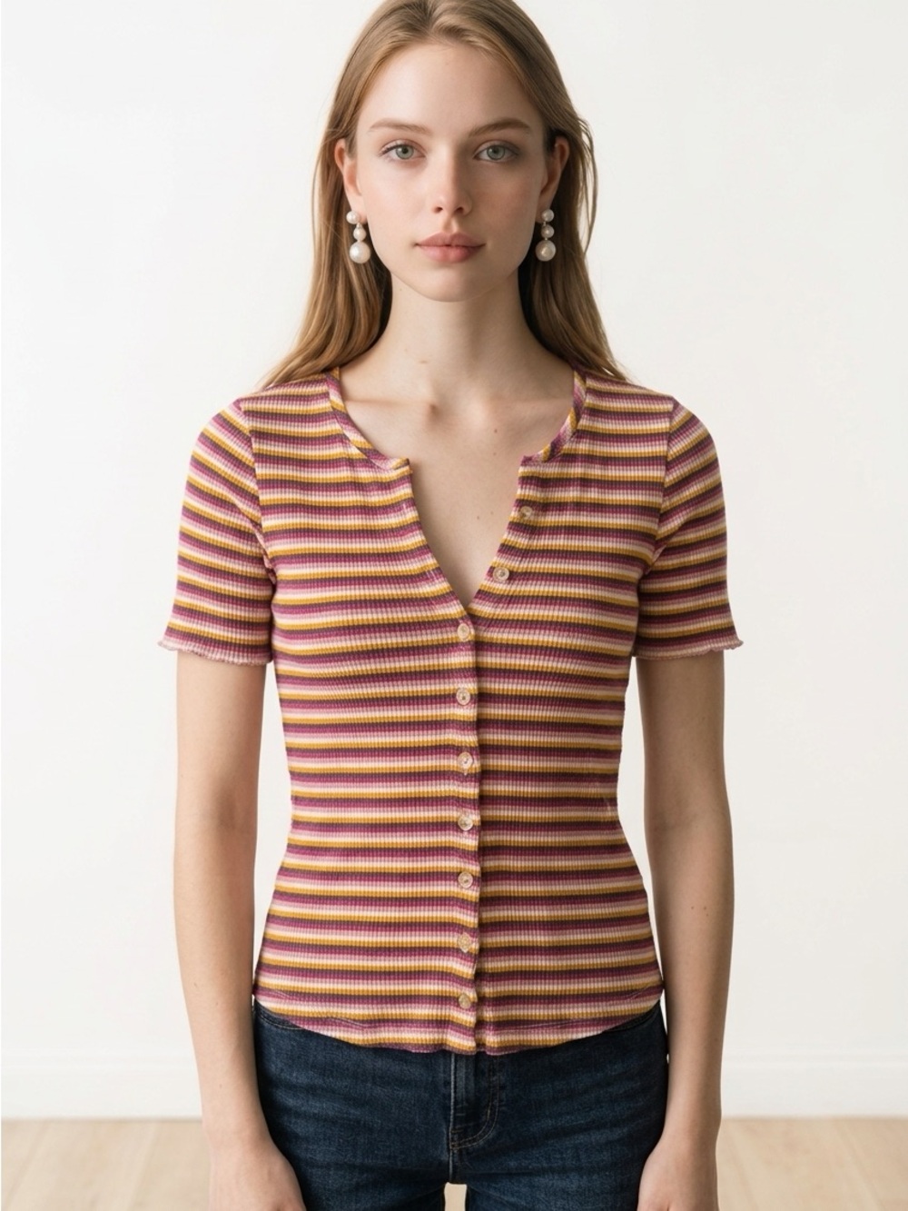 Maeve by Anthropologie Multicolored Striped Ribbed Button Down Henley Top